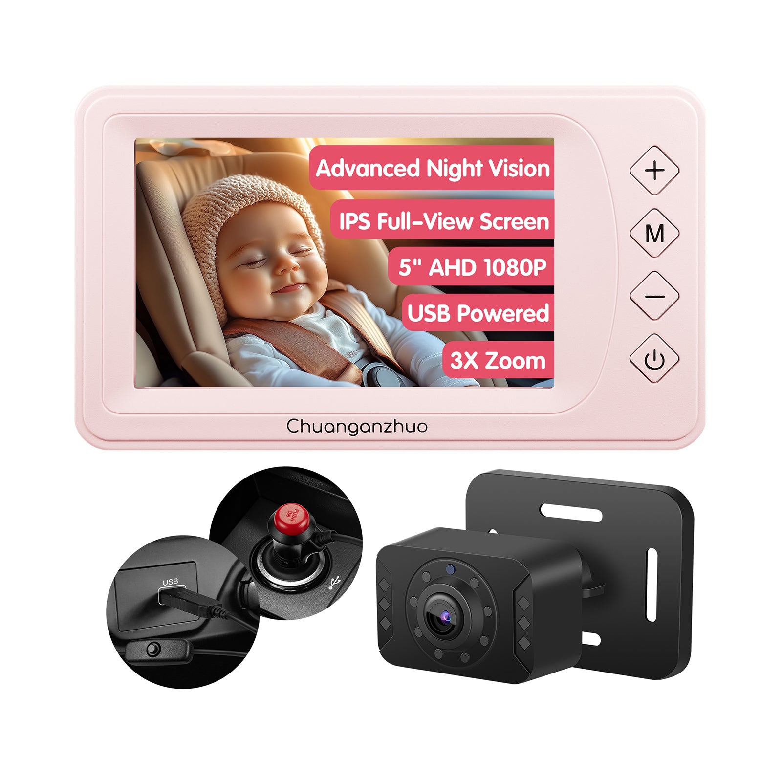 Baby Car Camera with Advanced Crystal-Clear Night Vision, S100U-Pink