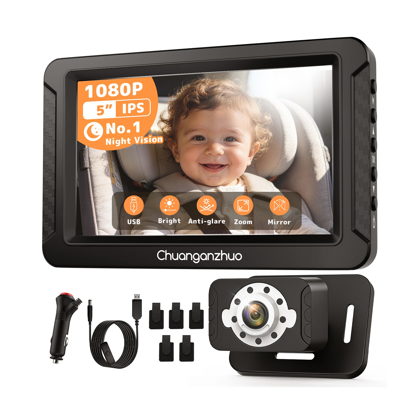 S100C Baby Car Camera USB Powered, Crystal Clear Auto IR Night Vision in Total Dark, Adjust Brightness & 1080P 5" IPS Monitor, 3X Zoom & 360° Rotating Backseat Camera for Rear or Forward-Facing Infant