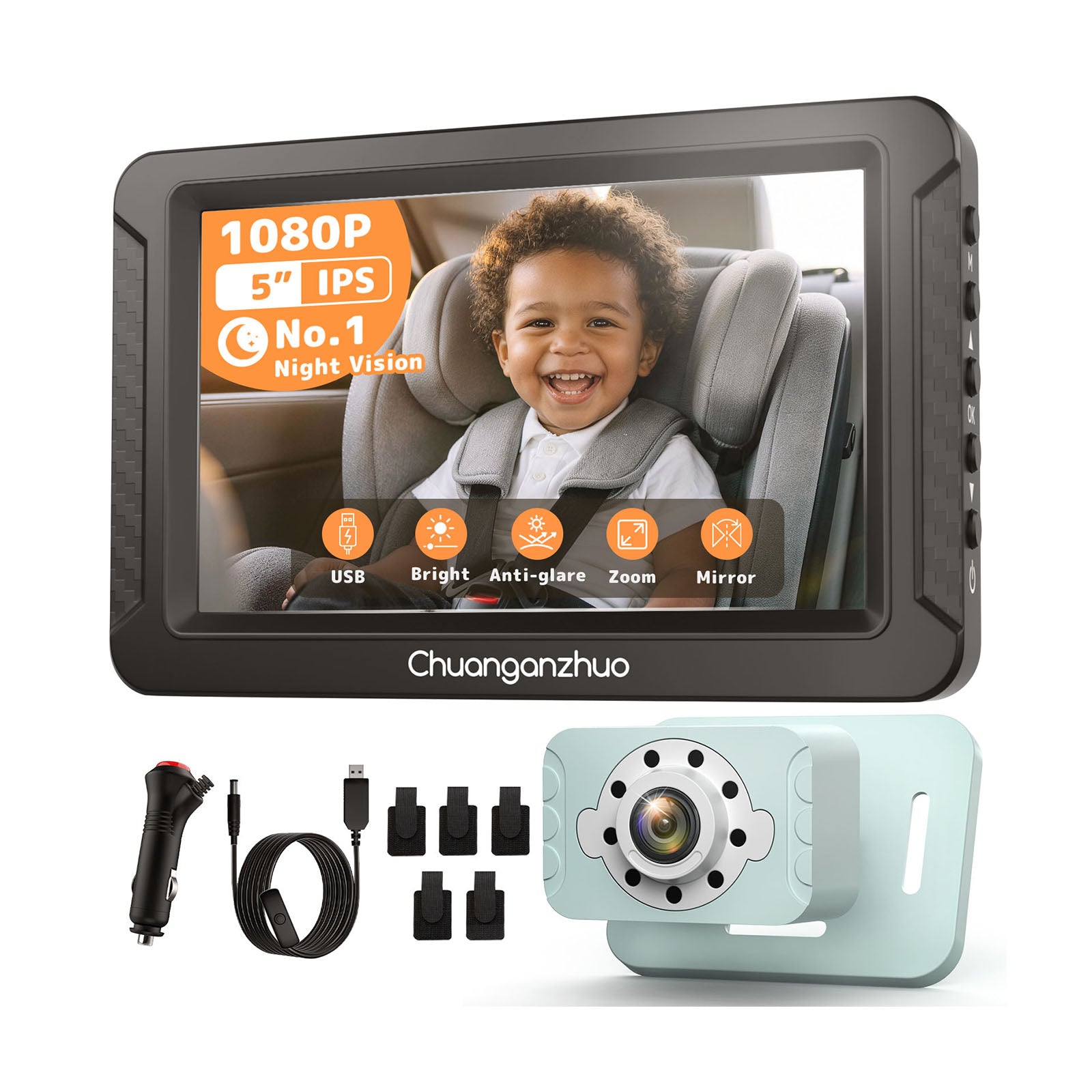 S100C Baby Camera for Car USB Powered, Crystal Clear Auto IR Night Vision in Total Dark, Adjust Brightness & 1080P 5" IPS Monitor, 3X Zoom & 360° Rotating Backseat/Carseat Camera for Baby in Car
