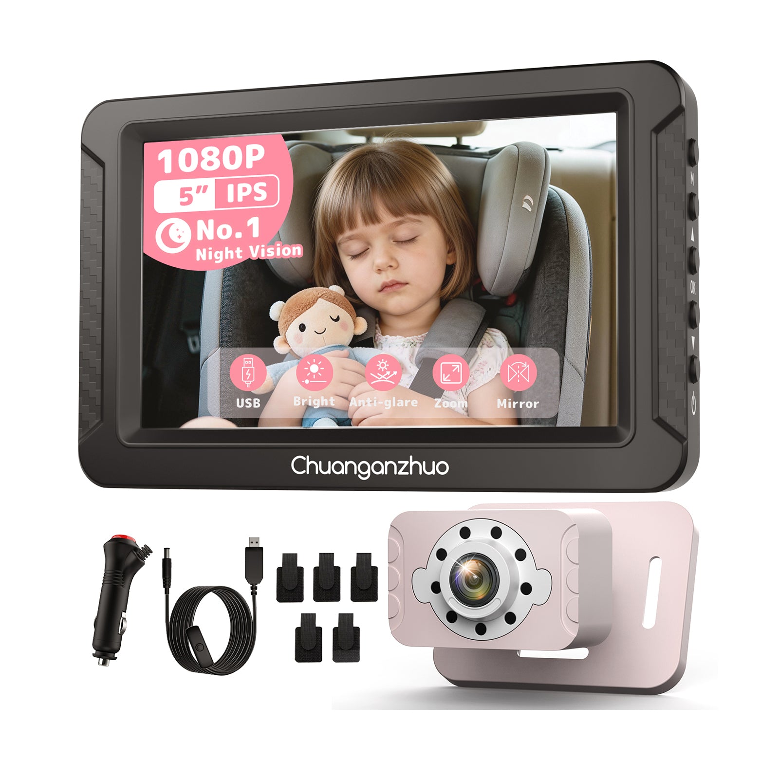 S100C Car Baby Camera USB Powered, Crystal Clear Auto IR Night Vision in Total Dark, Adjust Brightness & 1080P 5" IPS Monitor, 3X Zoom & 360 Rotating Backseat/Carseat Camera for Car Baby Monitor