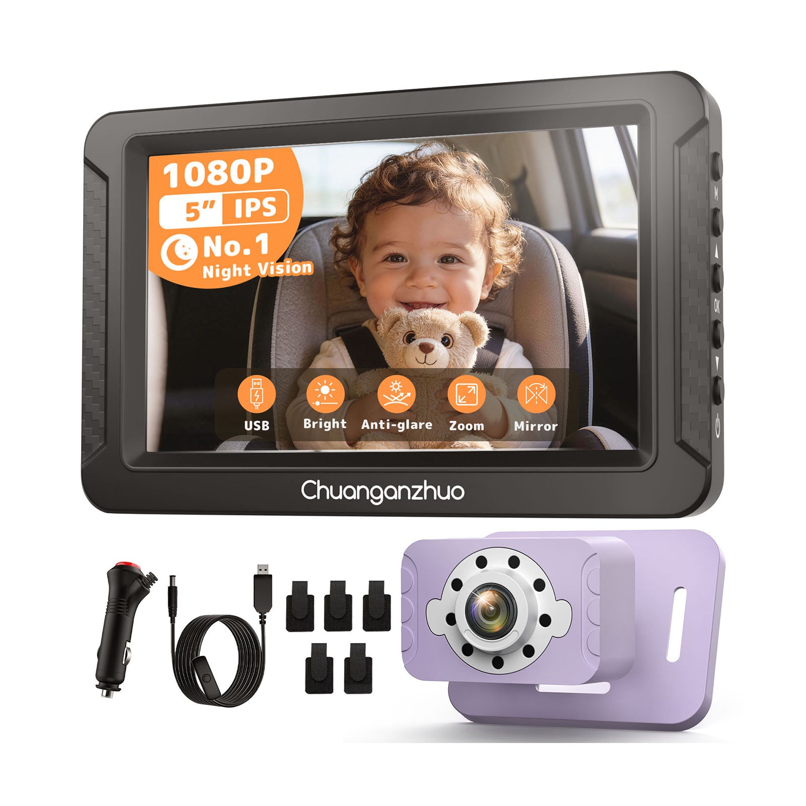 S100C Baby Car Camera USB Powered, Crystal Clear Auto IR Night Vision in Total Dark, Adjust Brightness & 1080P 5" IPS Monitor, 3X Zoom & 360° Rotating Carseat Camera for Rear or Forward-Facing Infant Purple