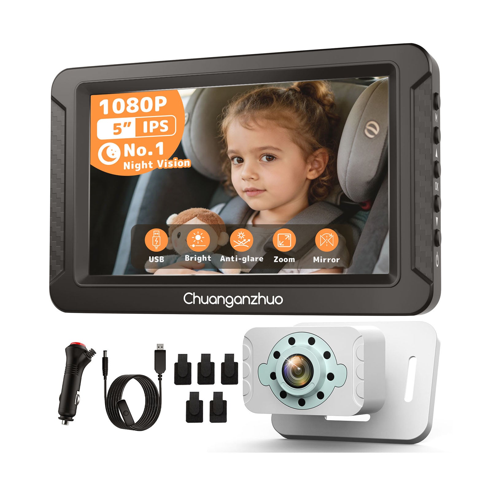 S100C Baby Car Camera with Crystal Clear Night Vision in Total Dark, USB Powered, Adjust Brightness & 1080P 5" IPS Monitor, 3X Zoom & 360° Rotating Car Seat Camera for Rear or Forward-Facing Infant