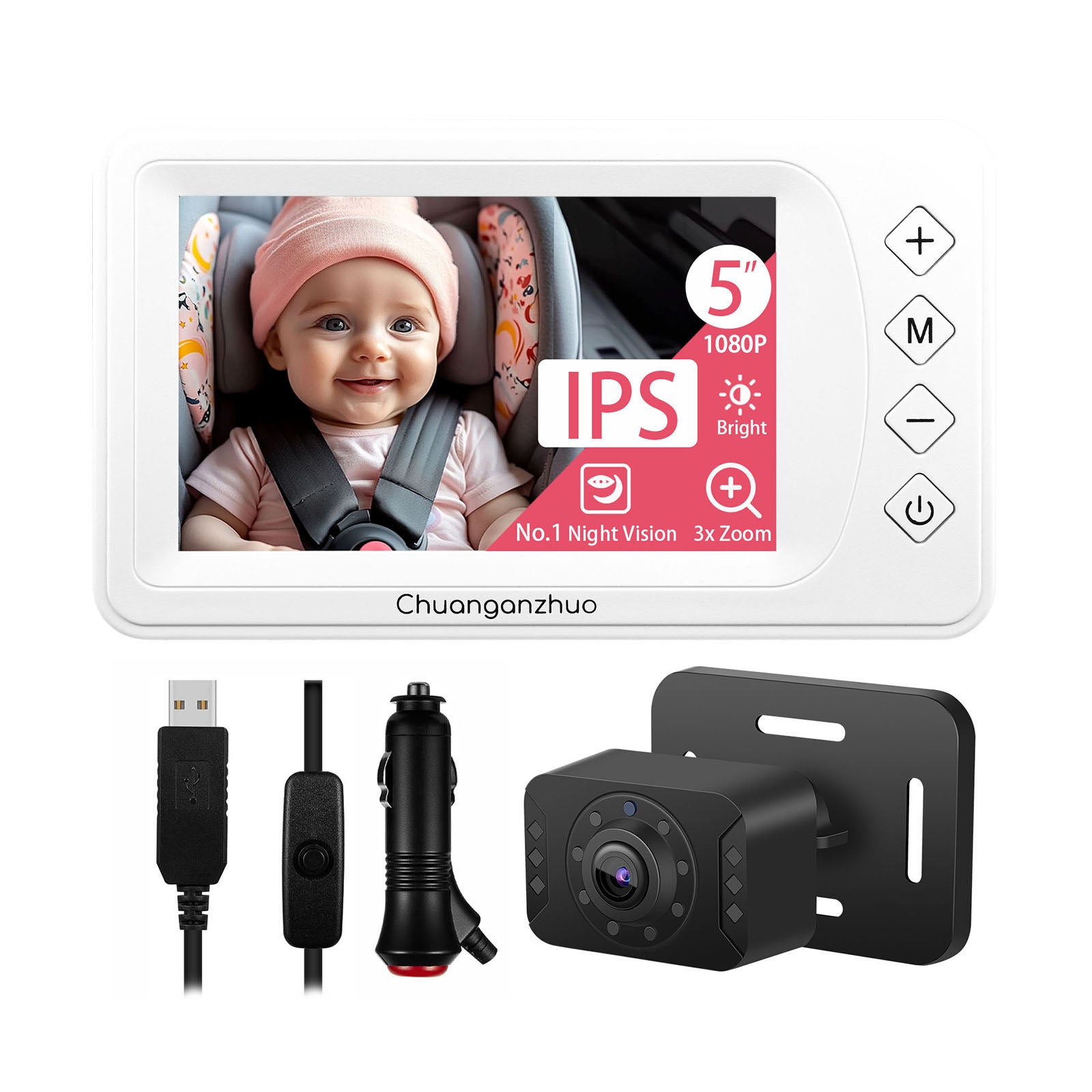 Baby Car Camera with Advanced Crystal-Clear Night Vision, S100U-White