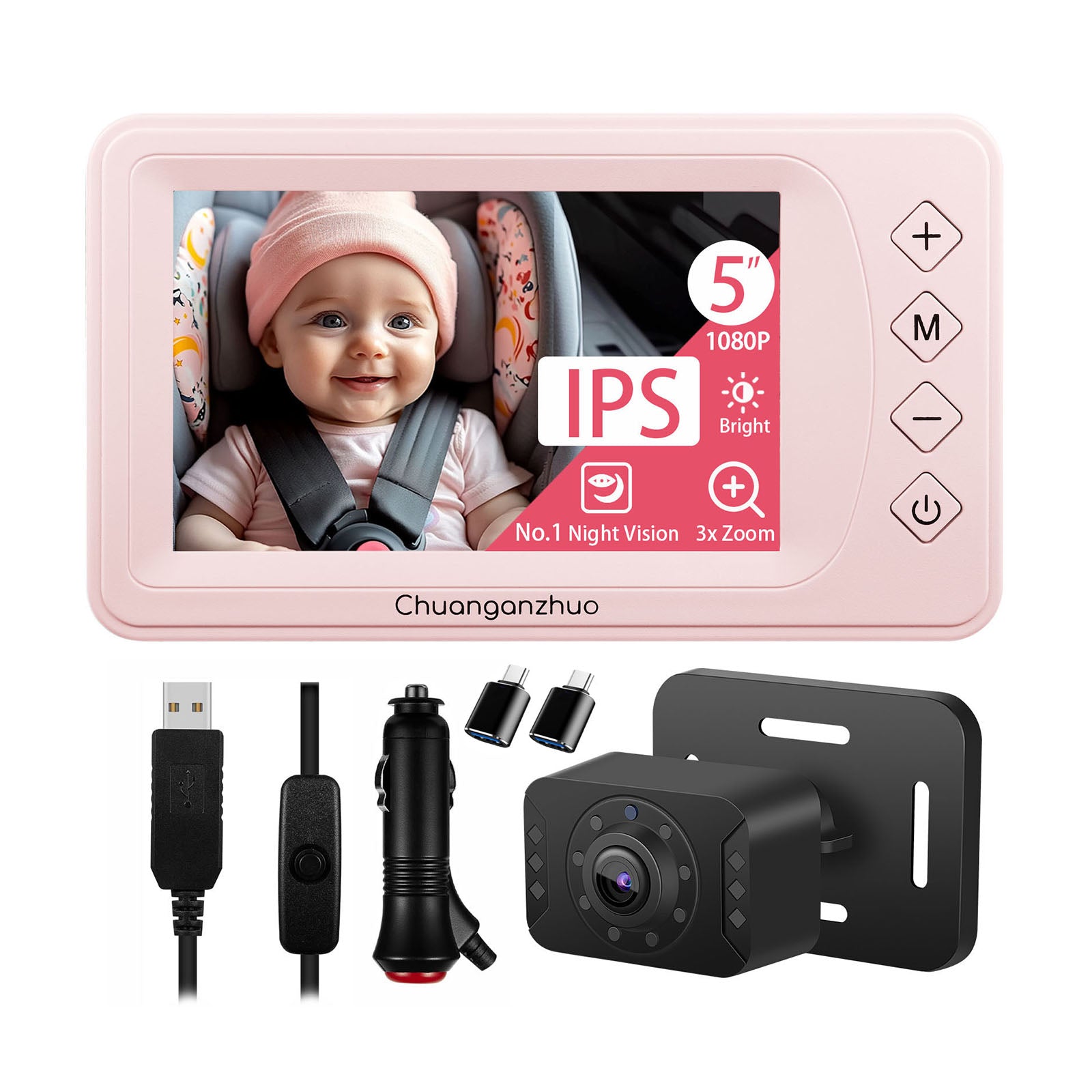 Baby Car Camera with Advanced Crystal-Clear Night Vision, USB C adapter, S100U-Pink