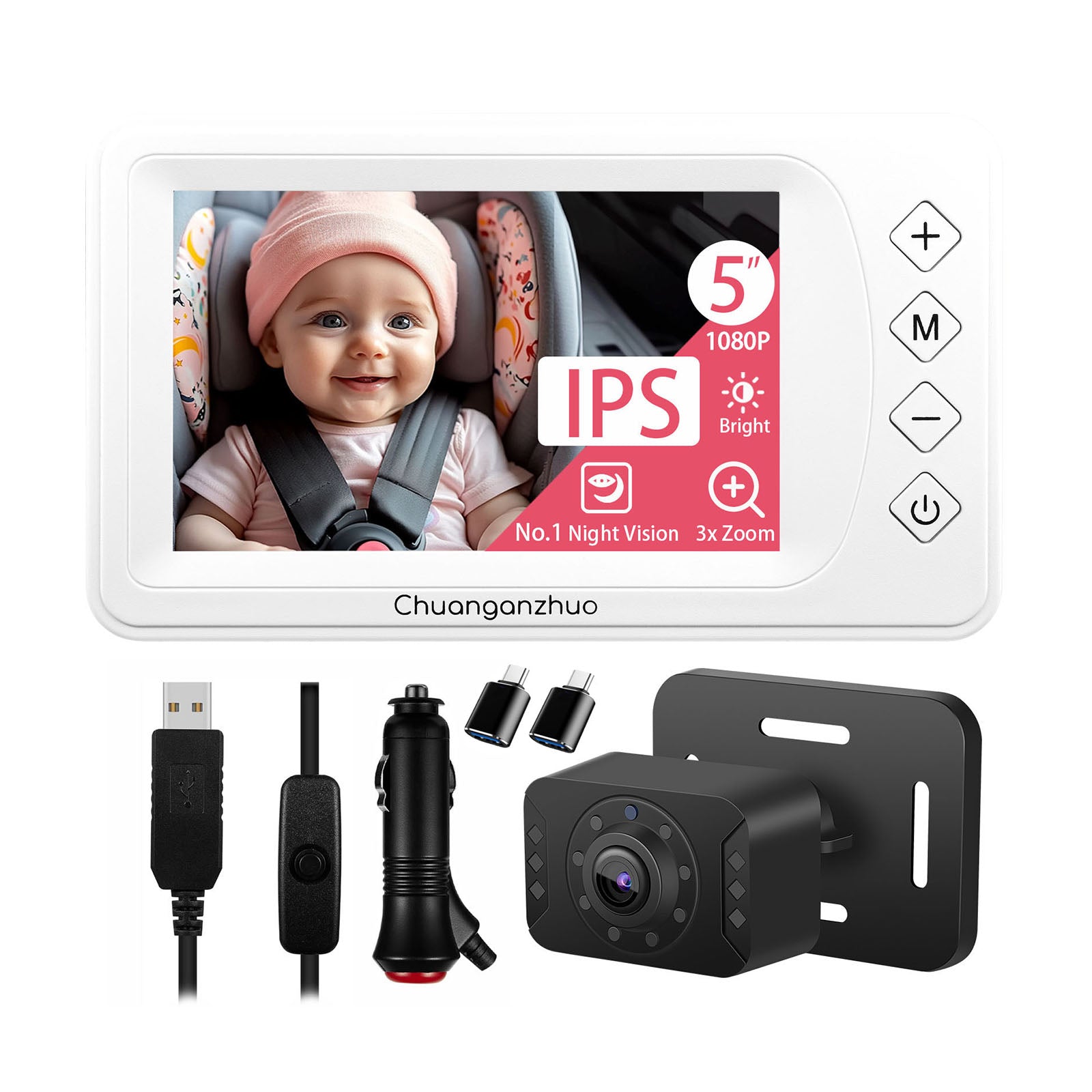 Baby Car Camera with Advanced Crystal-Clear Night Vision, USB C adapter, S100U-White