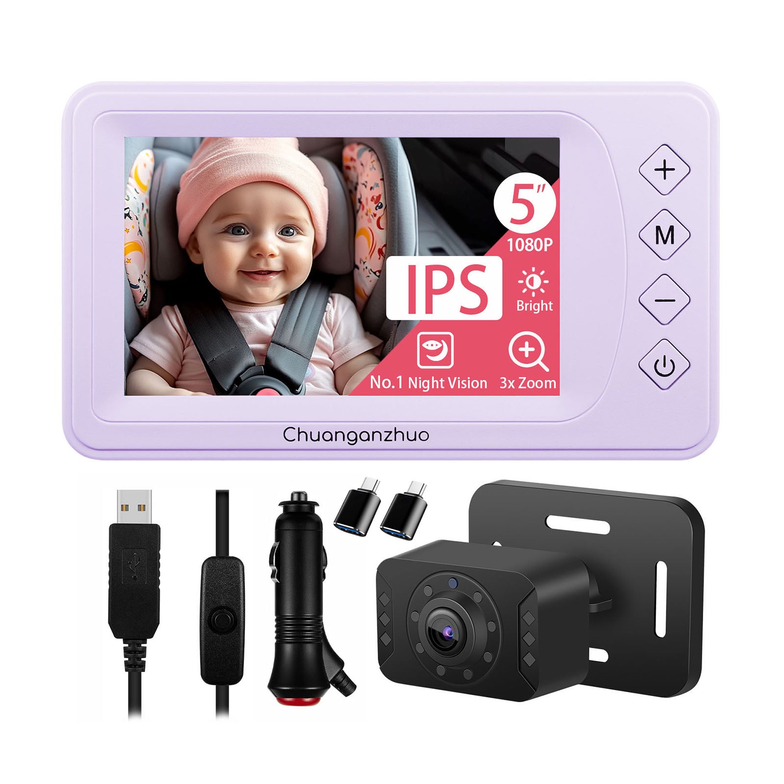 Baby Car Camera with Advanced Crystal-Clear Night Vision, USB C adapter, S100U-Purple
