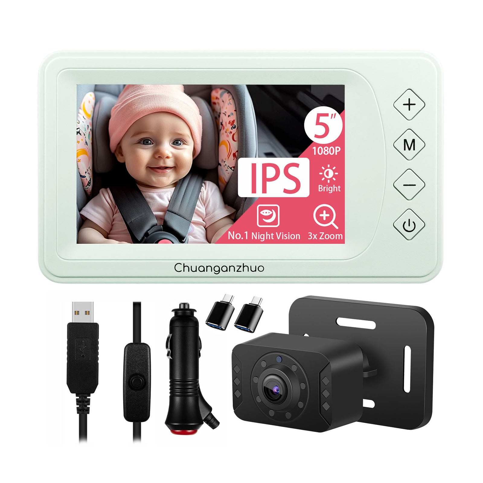 Baby Car Camera with Advanced Crystal-Clear Night Vision, USB C adapter, S100U-Green