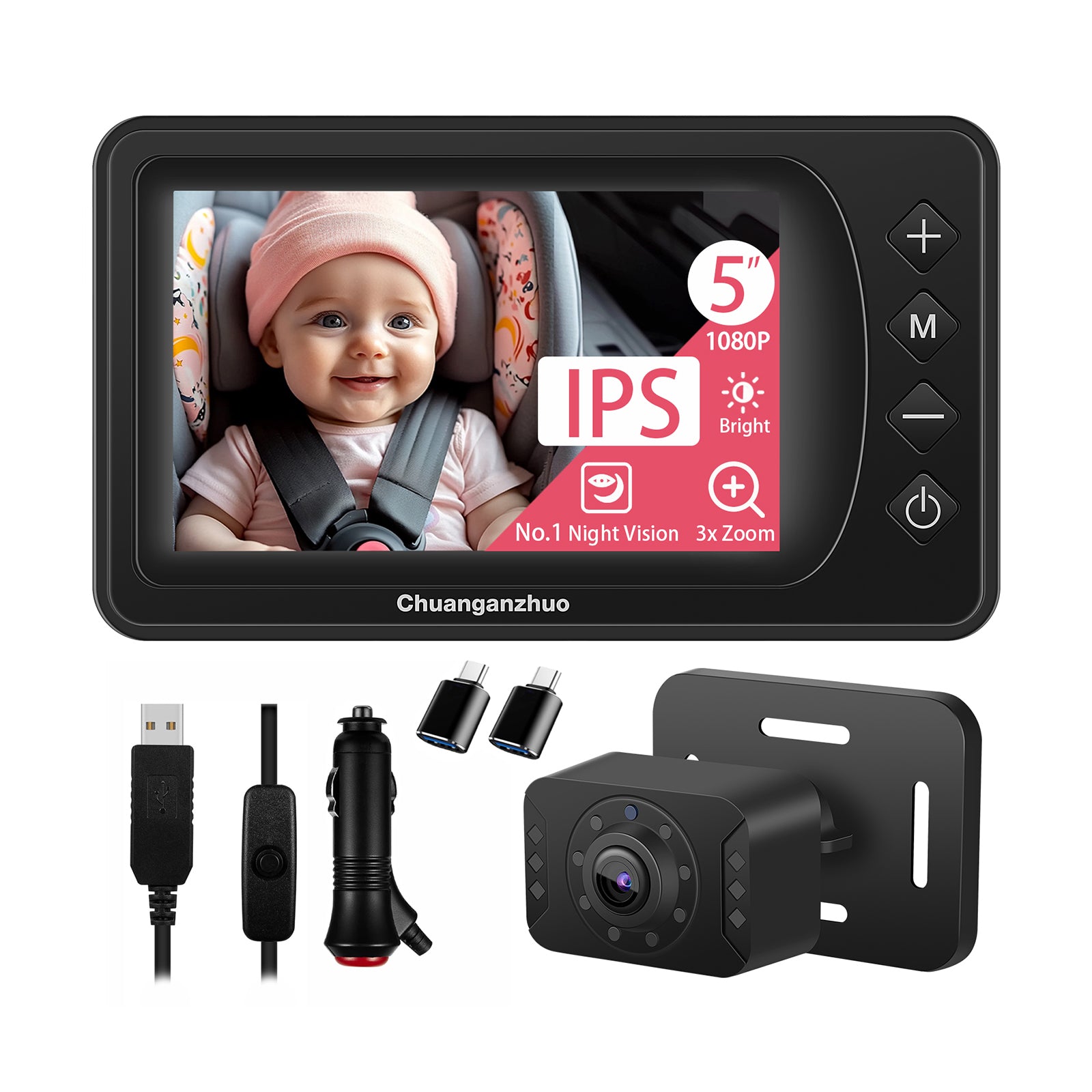 Baby Car Camera with Advanced Crystal-Clear Night Vision, USB C adapter, S100U-Black
