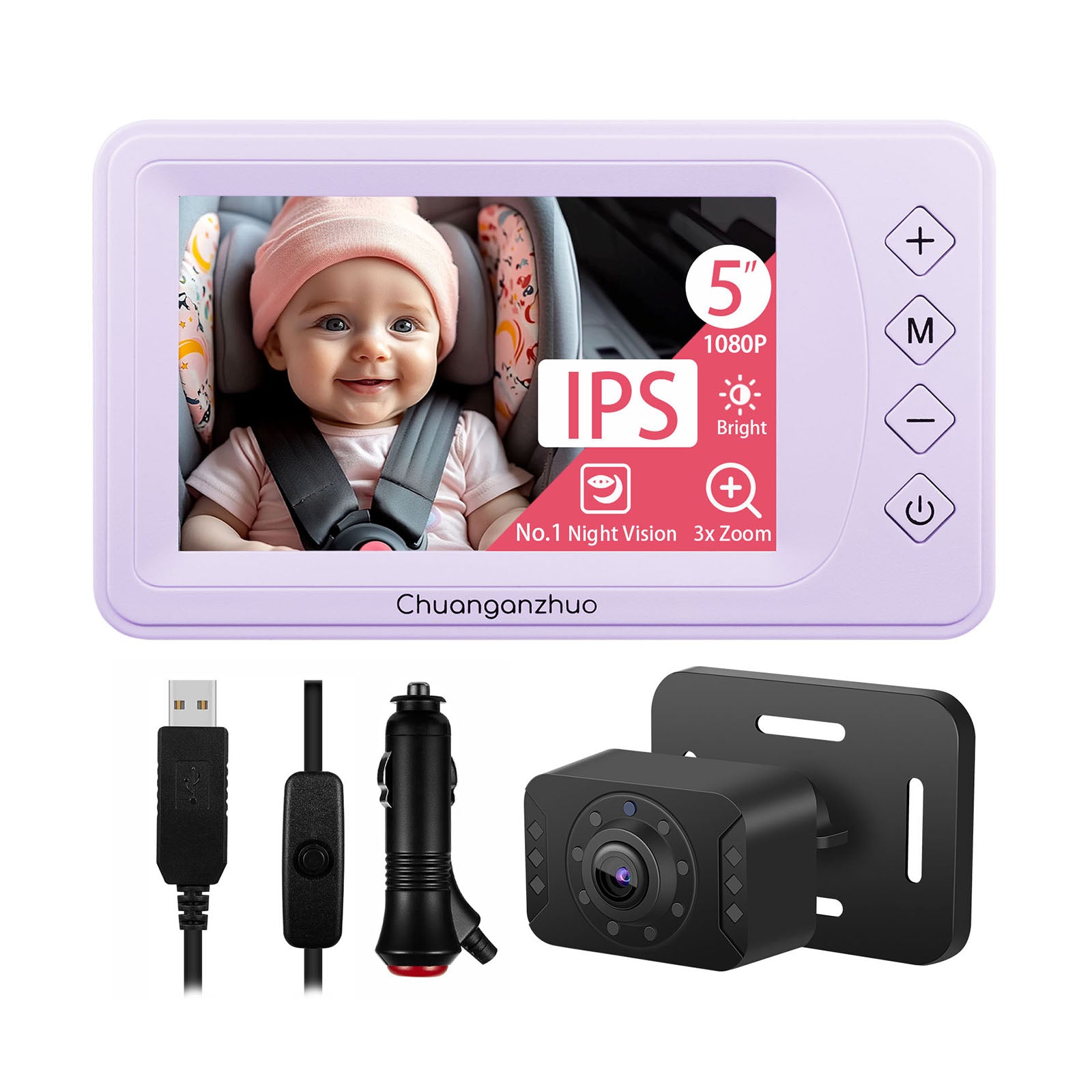 Baby Car Camera with Advanced Crystal-Clear Night Vision, S100U-Purple