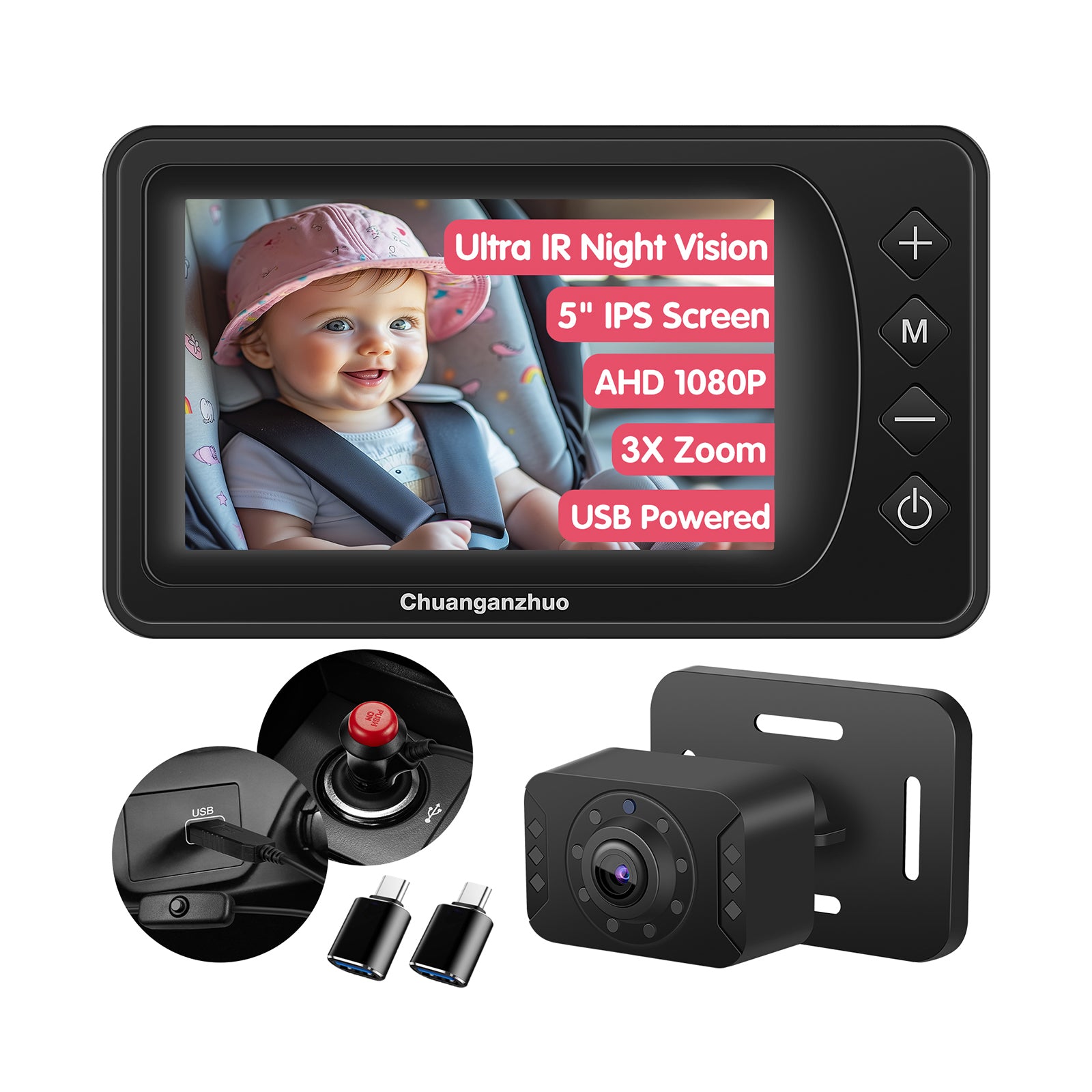 Baby Car Camera with Ultra Infrared Night Vision, USB C Adapter, S100P-Black