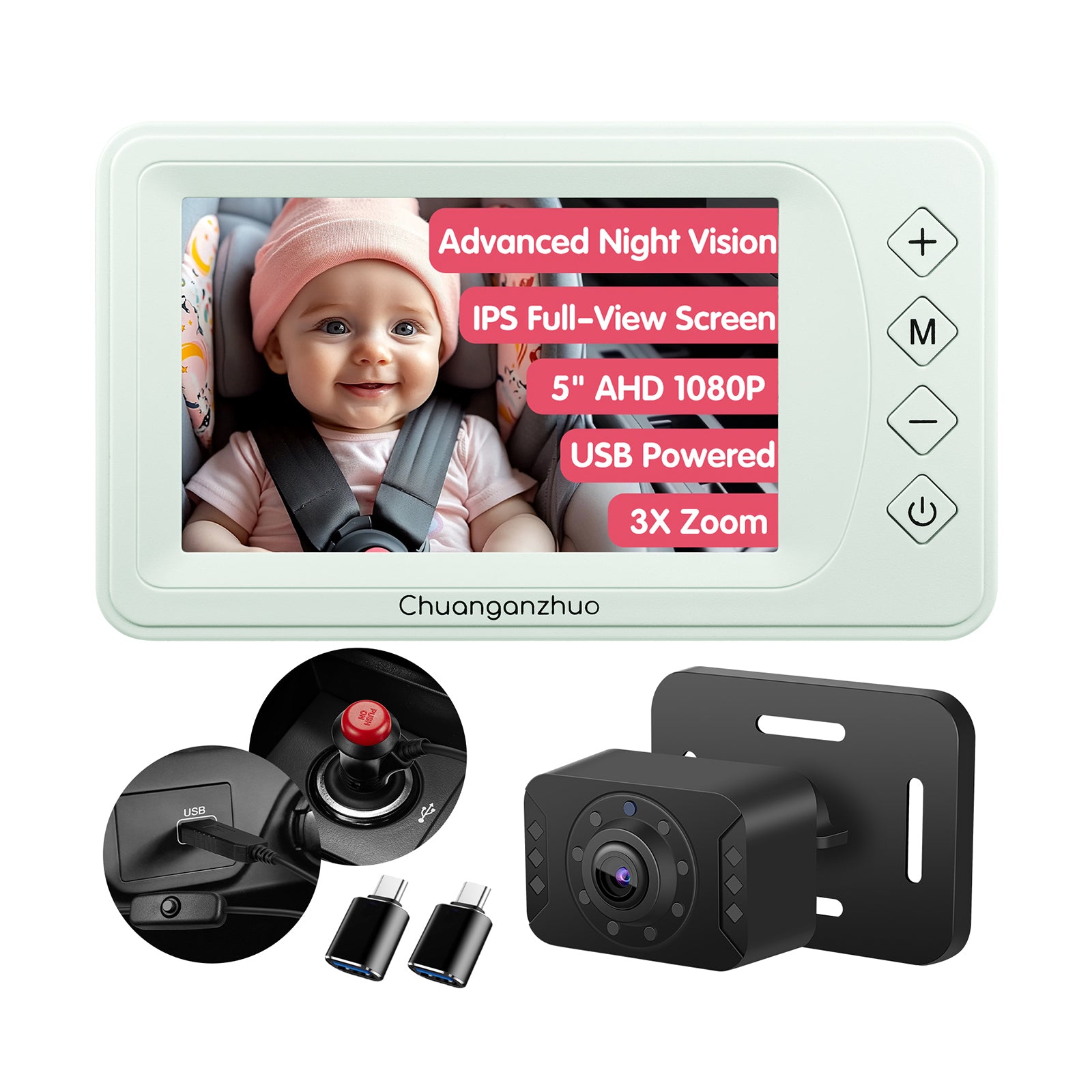 Baby Car Camera with Advanced Crystal-Clear Night Vision, USB C adapter, S100U-Green