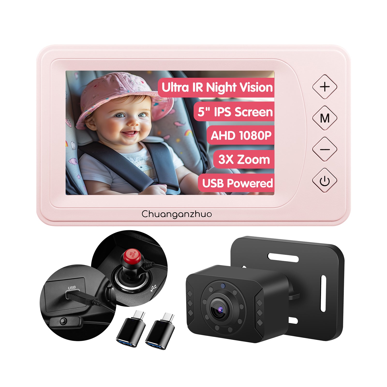 Baby Car Camera with Ultra Infrared Night Vision, USB C Adapter, S100P-Pink
