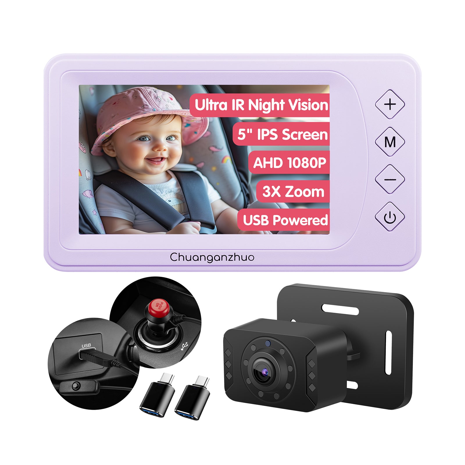 Baby Car Camera with Ultra Infrared Night Vision, USB C Adapter, S100P-Purple
