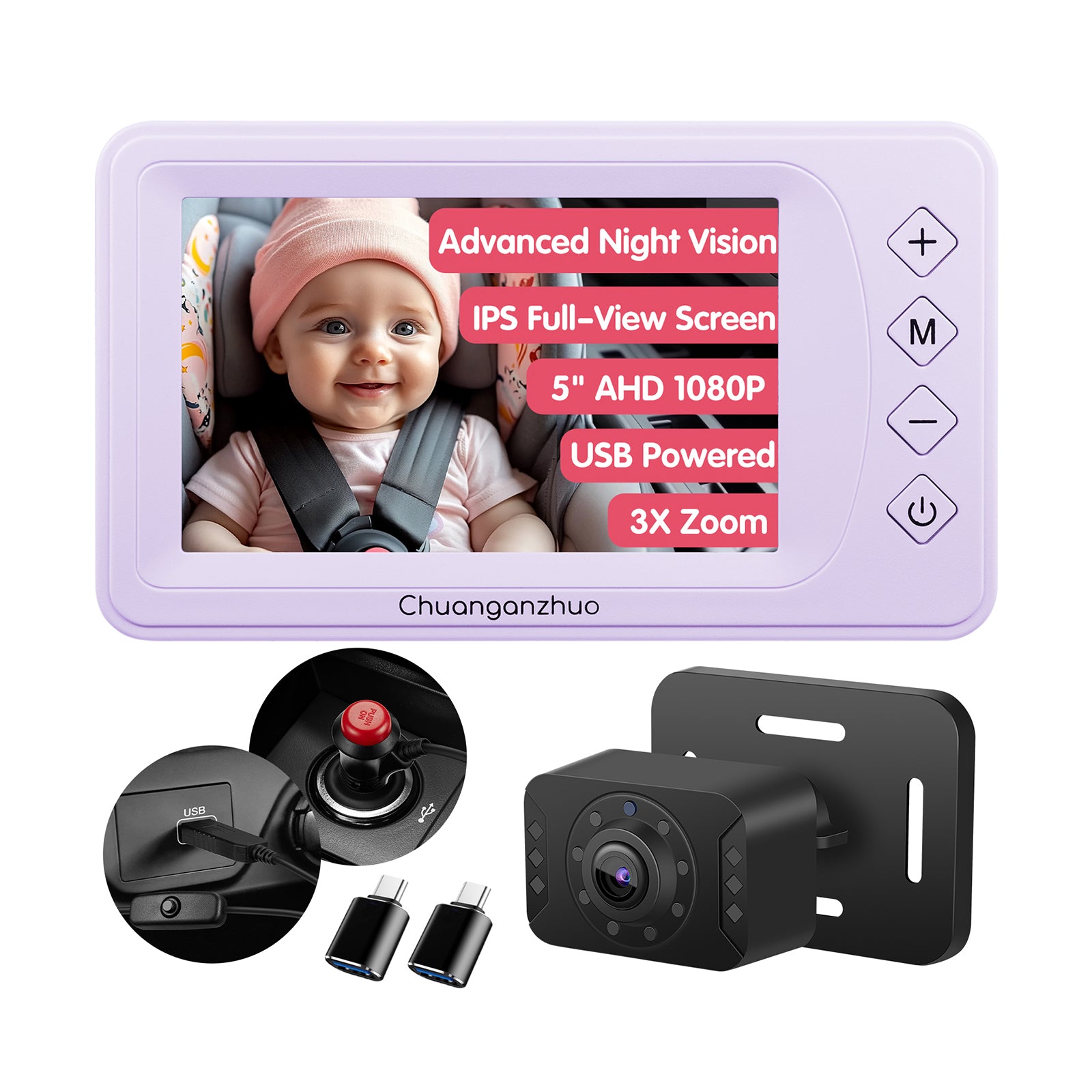 Baby Car Camera with Advanced Crystal-Clear Night Vision, USB C adapter, S100U-Purple