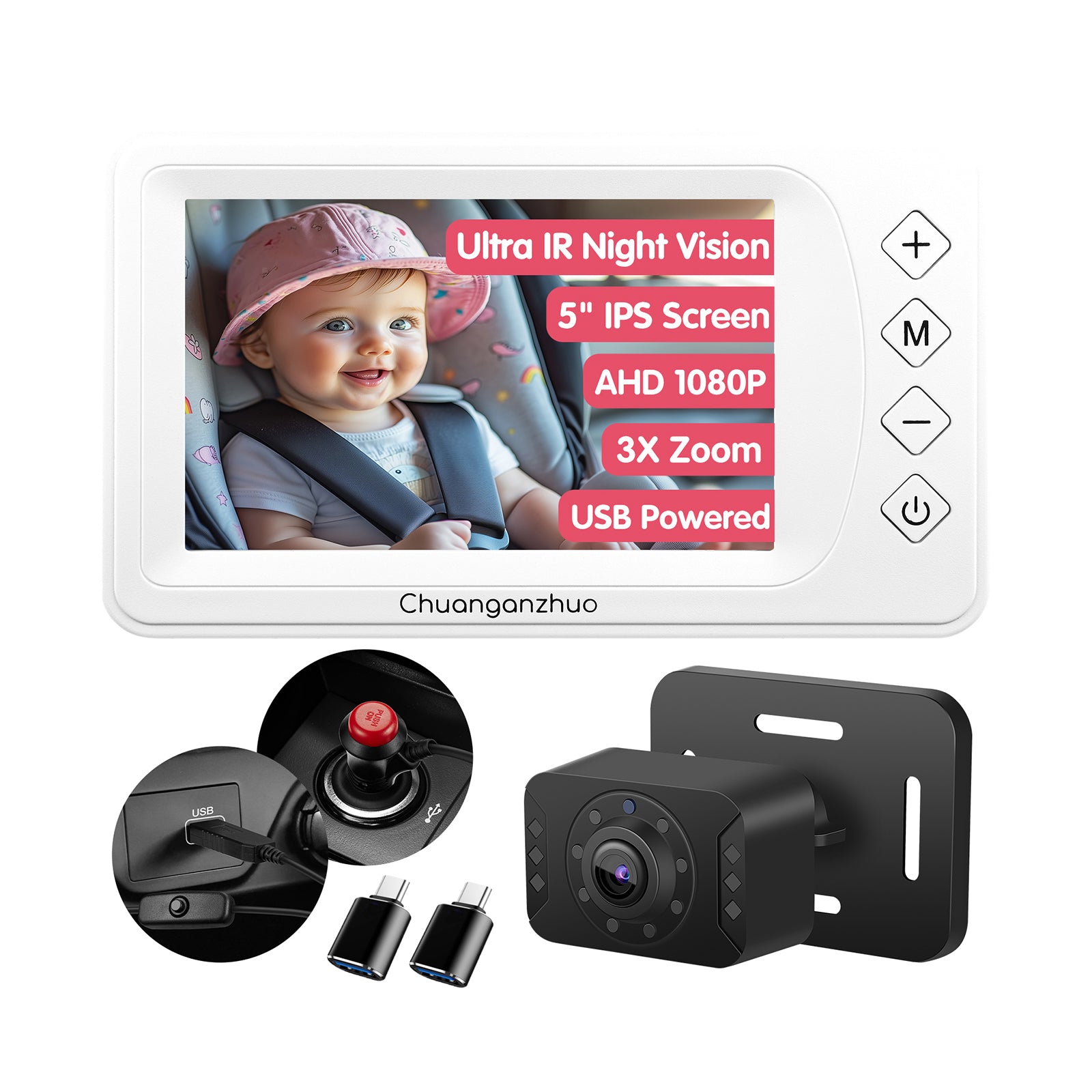 Baby Car Camera with Ultra Infrared Night Vision, USB C Adapter, S100P-White