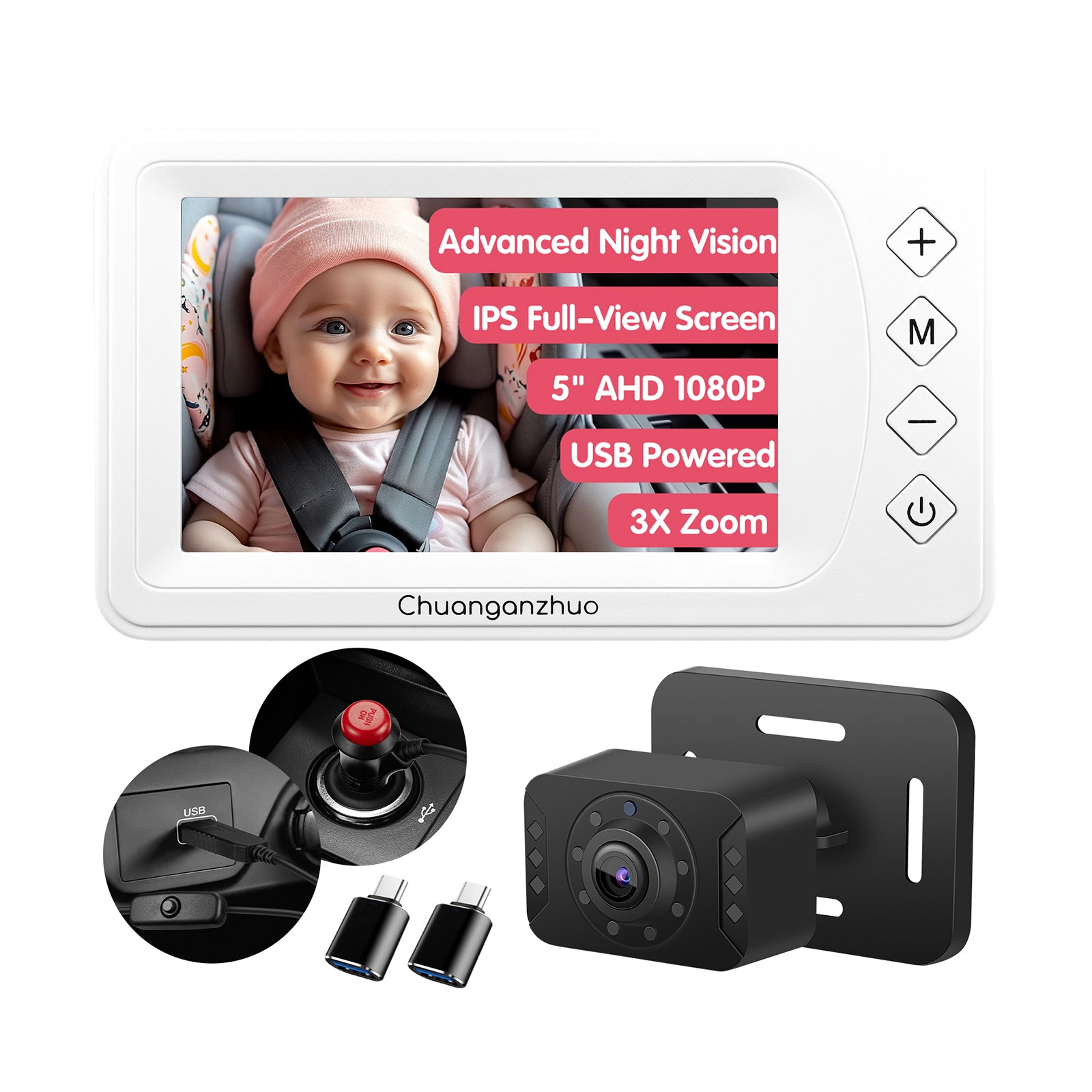Baby Car Camera with Advanced Crystal-Clear Night Vision, USB C adapter, S100U-White